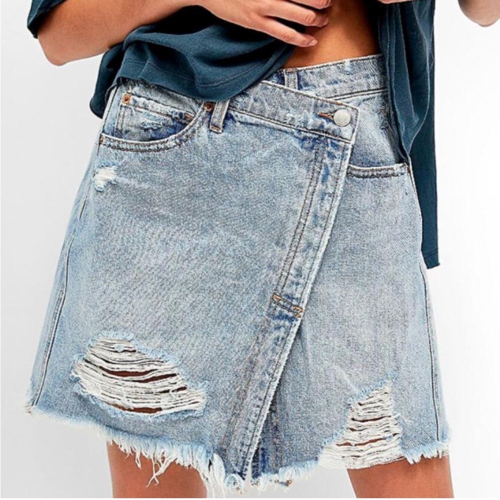 Free People Light Wash Distressed Denim Wrap Skirt